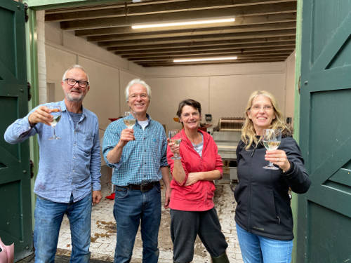 Michael Rhodes, Andy Harrison, Irene Rhodes & Karina Wardle celebrating their winemaking! Hawkswood Bacchus